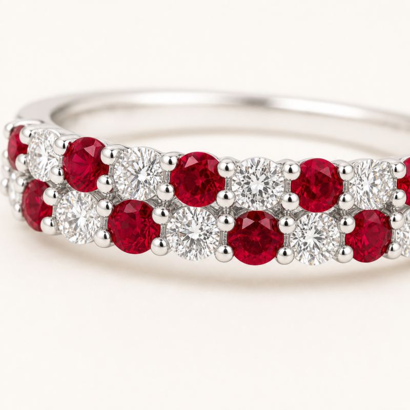 Front detail of the red and white stone ring setting