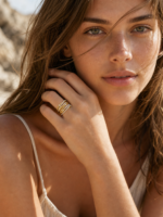 Model wearing a gold-tone multi-row crossover ring
