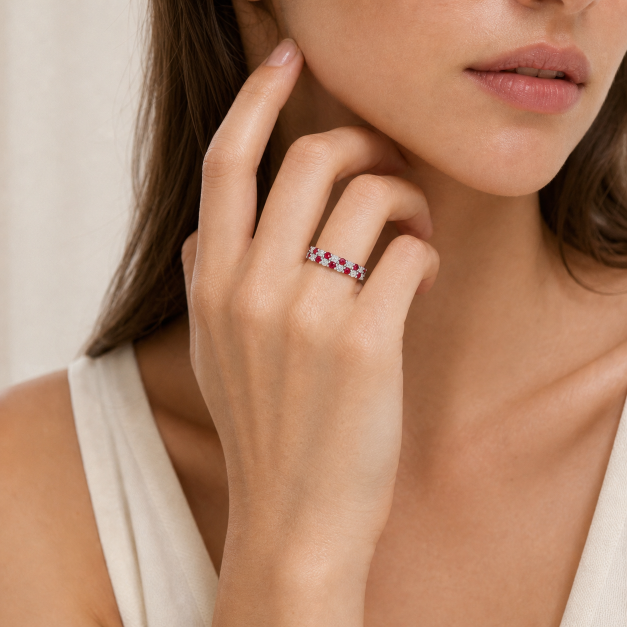 05-model-close-hand Red and White Stone Ring Manufacturer for Private Label Jewelry Brands - Image 1