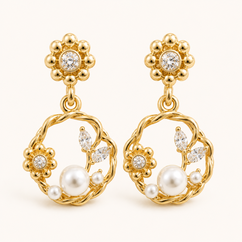 Pair of gold-tone floral pearl-style drop earrings on a warm white background
