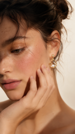 Model wearing a gold-tone floral pearl-style drop earring