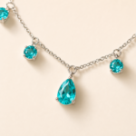 Close detail of teal pear-shaped and round dangle settings