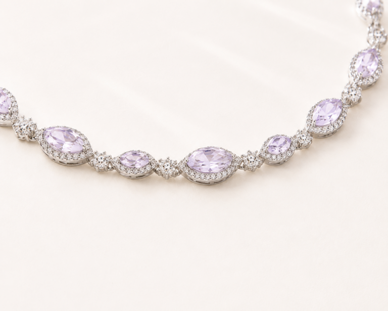 Close detail of lilac marquise stones and clear connectors