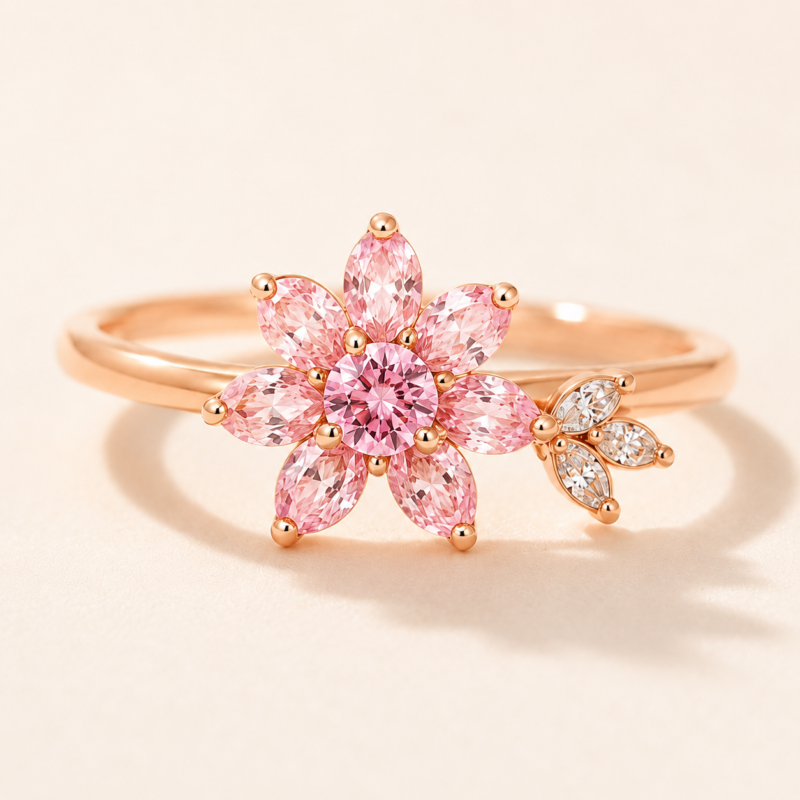 Pink floral stone ring on a warm white background