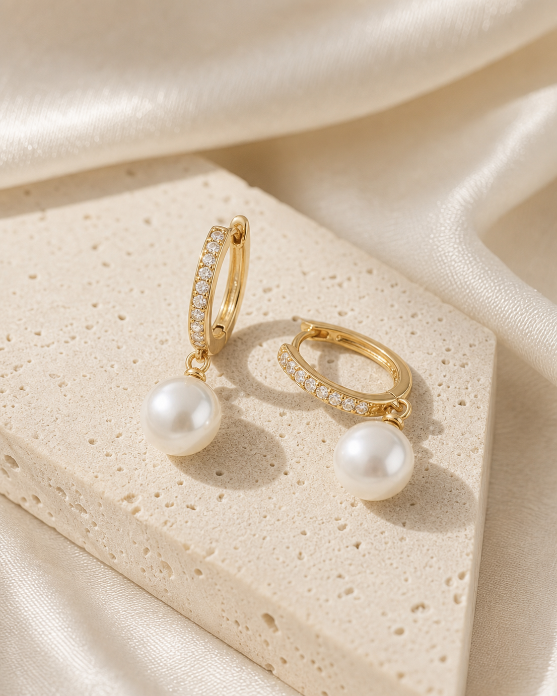 Pearl drop earrings product on stone and silk